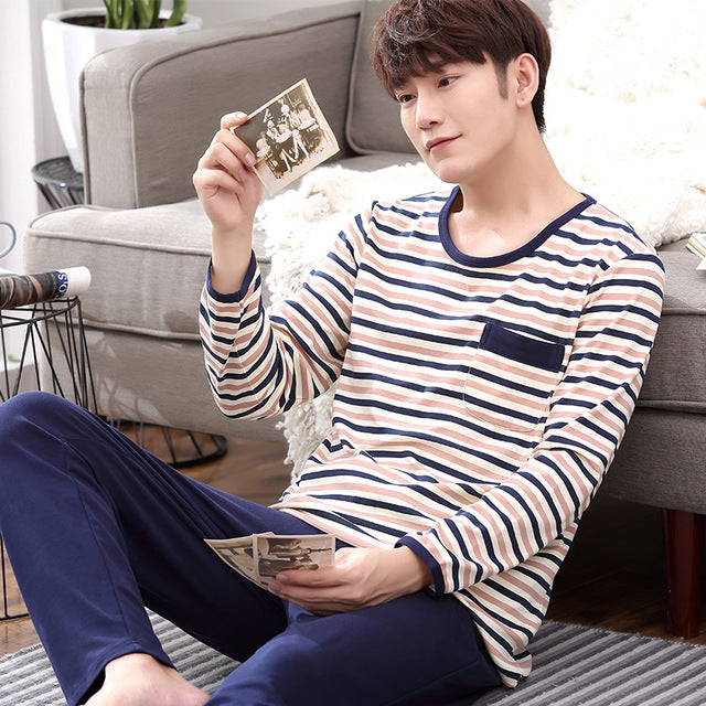 Summer Cotton Long Sleeve O Neck Pajama For Men