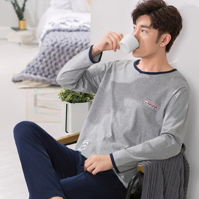 Summer Cotton Long Sleeve O Neck Pajama For Men