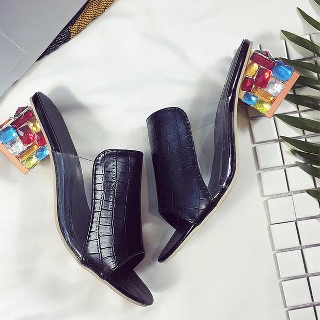 Woman's Rhinestone Crystal Heel Peep Toe Summer Sandals