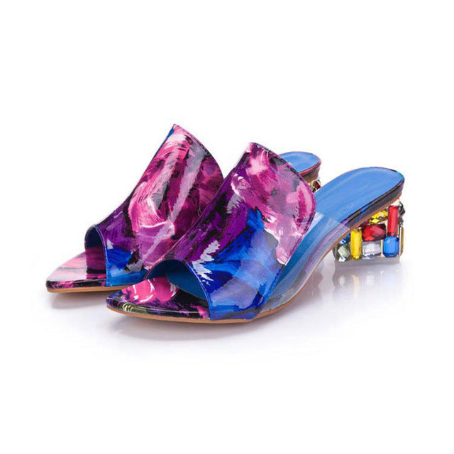Woman's Rhinestone Crystal Heel Peep Toe Summer Sandals