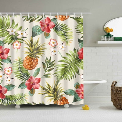 Shower Curtains with Tropical Jungle Patterns, Pineapples, Flowers