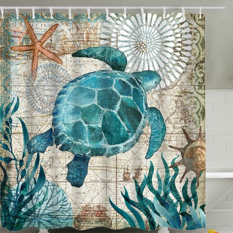 Sea Turtle, Sea Horse, Flamingos, and Exotic World, Polyster Fabric Shower Curtain