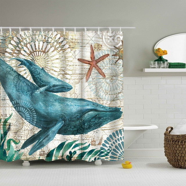 Sea Turtle, Sea Horse, Flamingos, and Exotic World, Polyster Fabric Shower Curtain