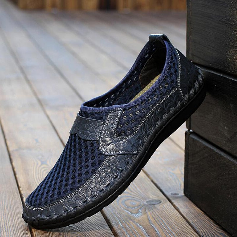 Open Weave Leather Mesh Slip-On Summer Shoes, Big Sizes