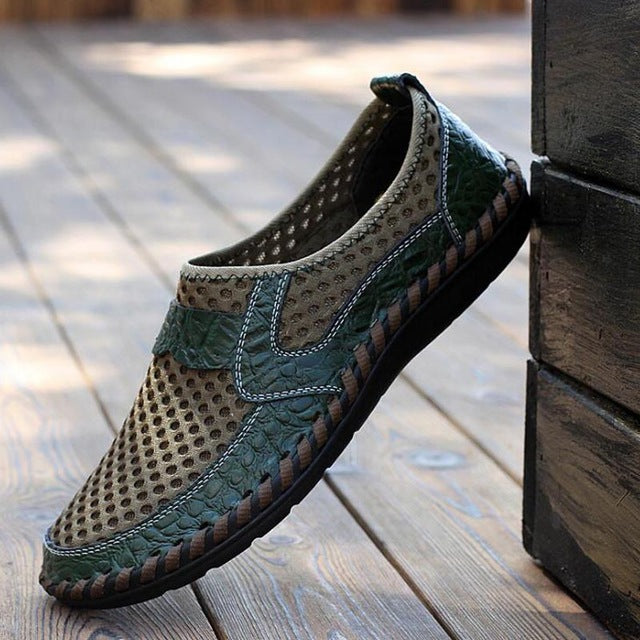 Open Weave Leather Mesh Slip-On Summer Shoes, Big Sizes