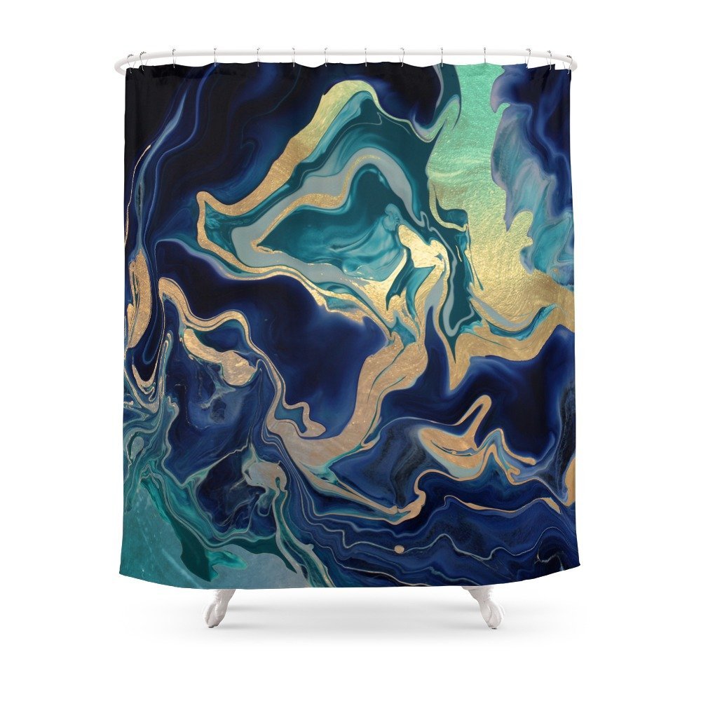 GOLD INDIGO MARBLE Fabric Shower Curtain w/ Liner, 12 Hooks, Mildewproof