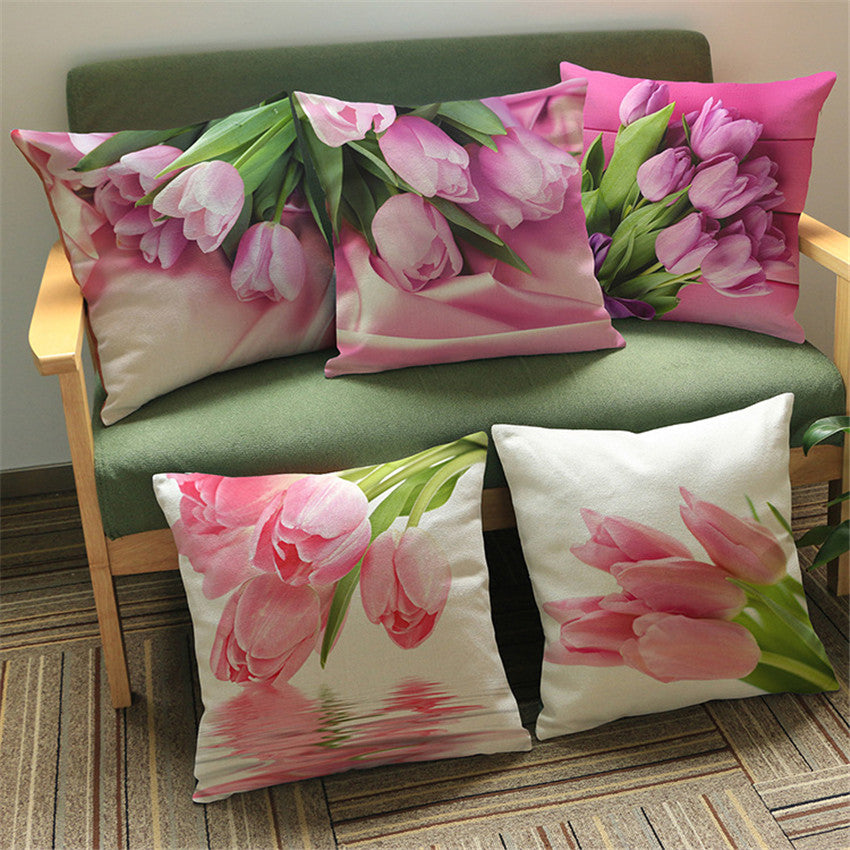 Country Style Tulip Print Linen Pillow Case Cover