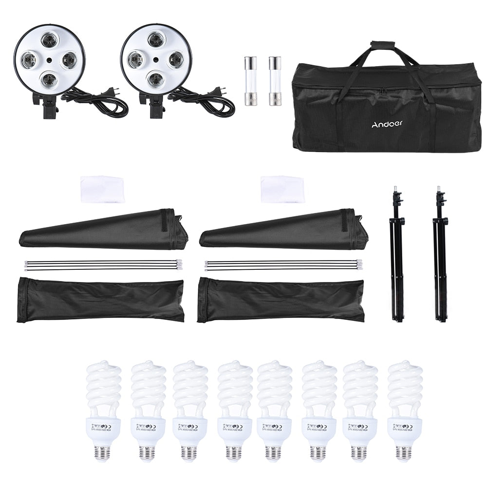 Studio Photo Lighting Kit with 2 Softbox 2-4in1 Bulb Socket 8 45W Bulb 2 Light Stand 1 Carrying Bag