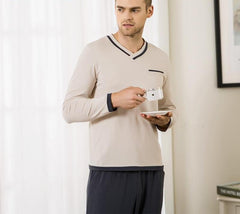 Men's Spring Autumn Long-Sleeve O-Neck Lounge Pajamas