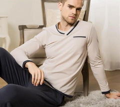 Men's Spring Autumn Long-Sleeve O-Neck Lounge Pajamas