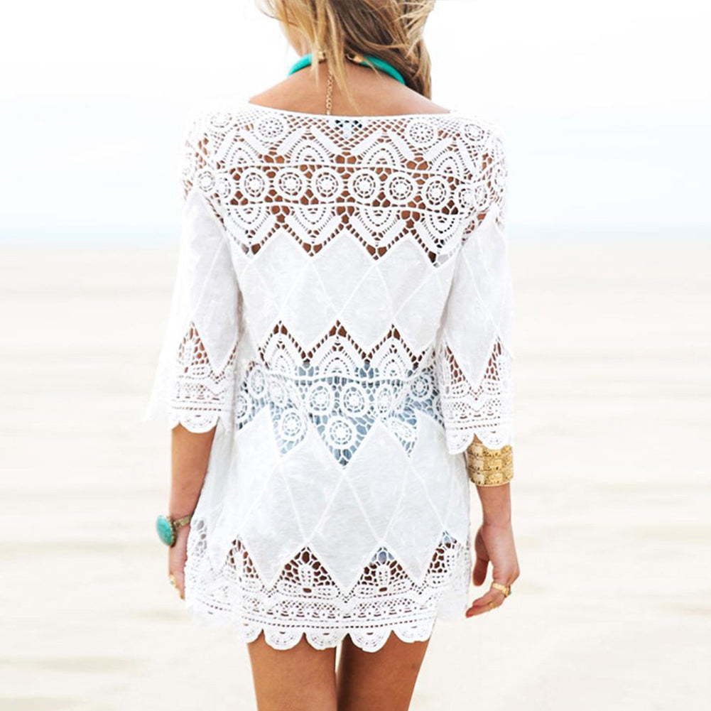 Crocheted 3/4 Sleeve Swimsuit Beach Cover Up