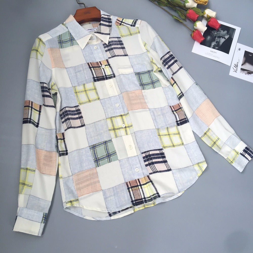 Silk Women Colorful Plaid Print Long Sleeve Shirt