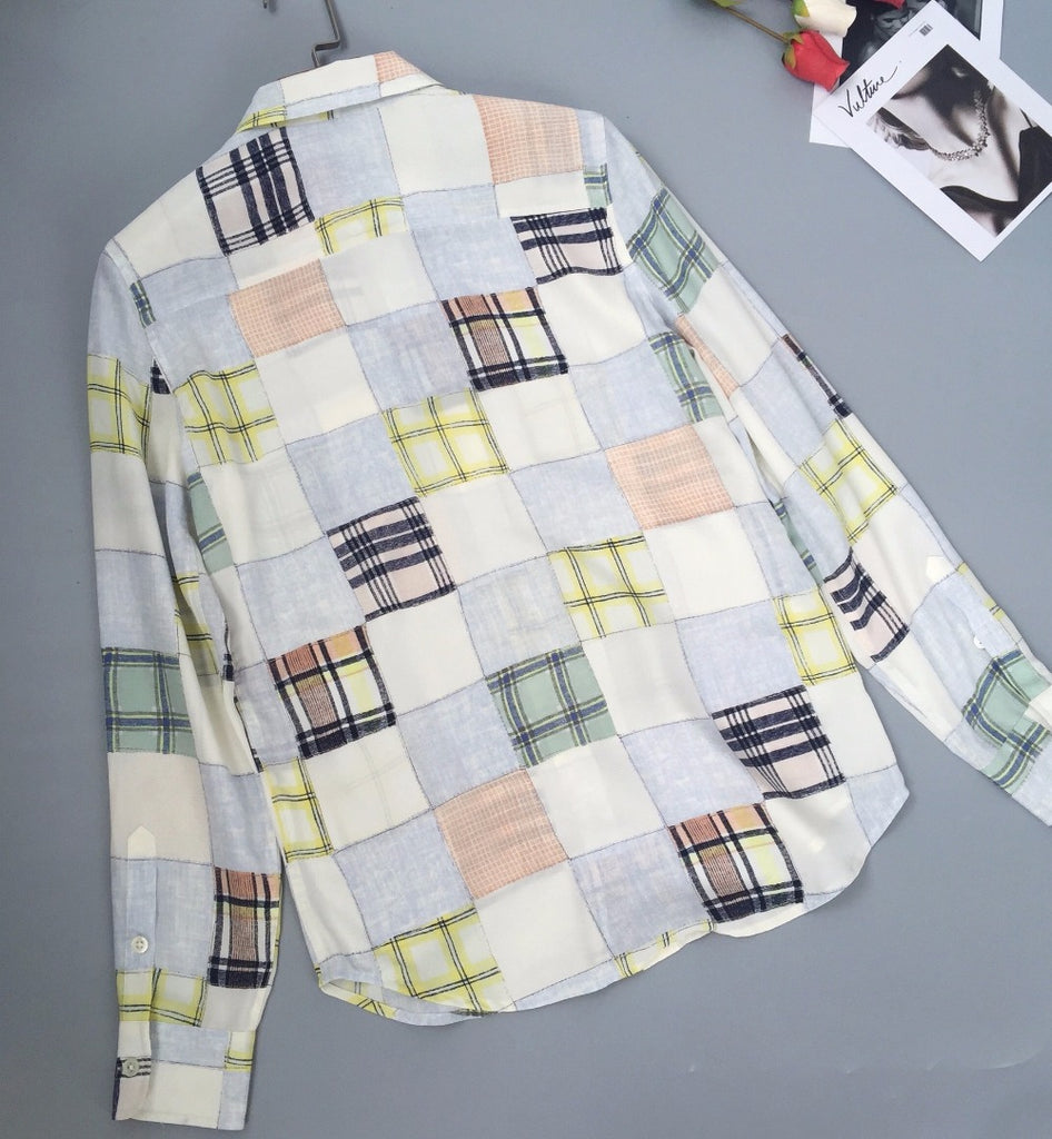 Silk Women Colorful Plaid Print Long Sleeve Shirt