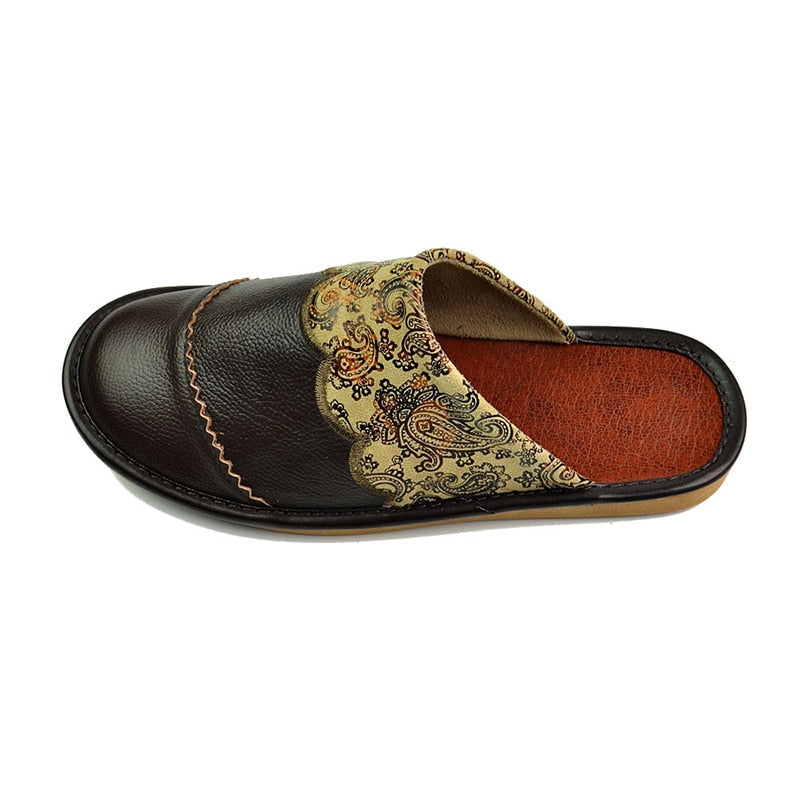 Genuine Leather Paisley Fabric Men's Slippers
