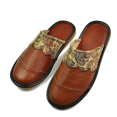 Genuine Leather Paisley Fabric Men's Slippers