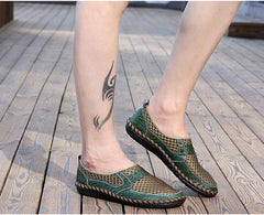 Open Weave Leather Mesh Slip-On Summer Shoes, Big Sizes