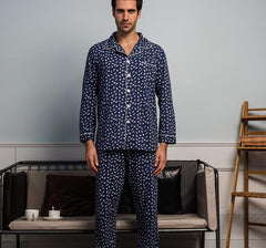 Men's Royal Blue Leaf Print Cotton Pajamas Set