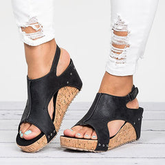 Women's Cork Style Rubber Sole Leather Strap Sandals