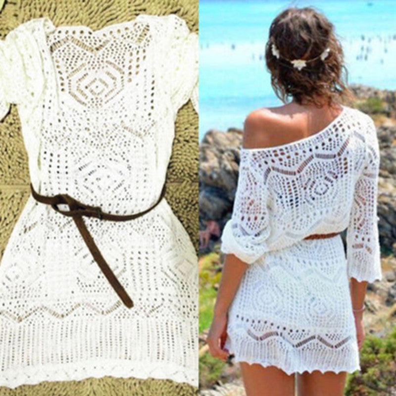 White Crochet Beach Mini Dress Cover Up