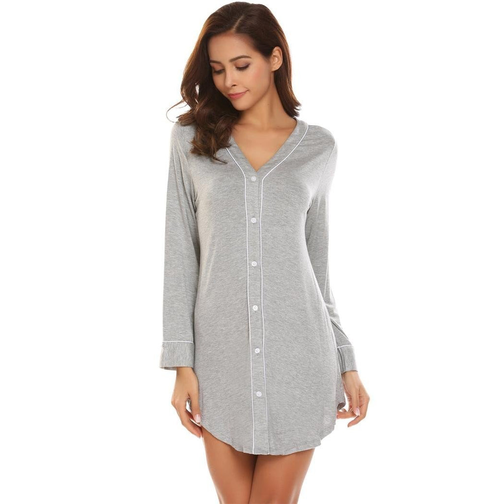 Long Sleeve Solid Contrast Color V-Neck Sleep Shirt Dress