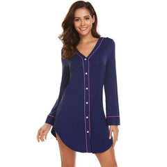 Long Sleeve Solid Contrast Color V-Neck Sleep Shirt Dress