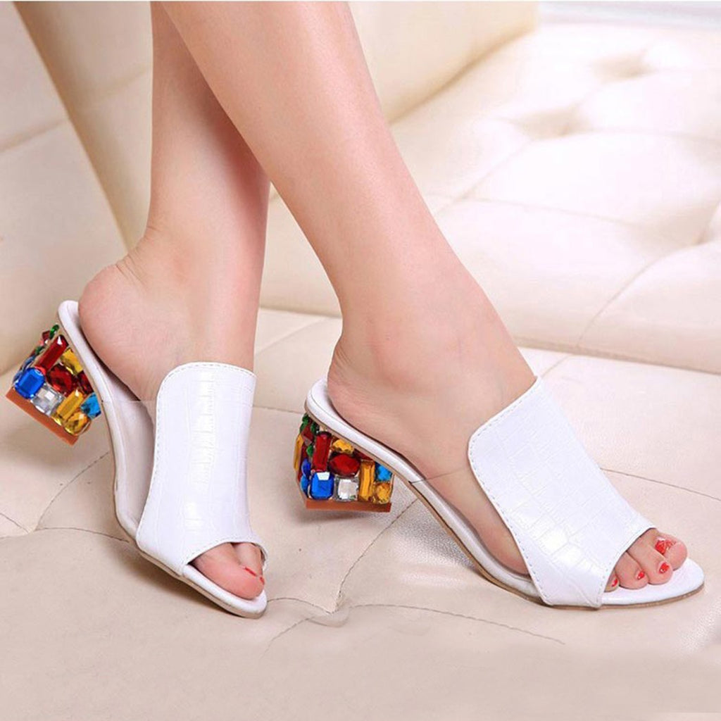Woman's Rhinestone Crystal Heel Peep Toe Summer Sandals