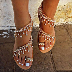Beaded Pearl Strap Flat Sandals