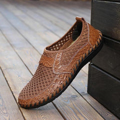 Open Weave Leather Mesh Slip-On Summer Shoes, Big Sizes